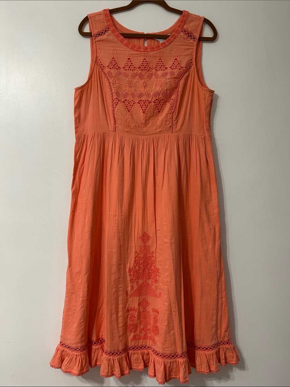 Sundance Relish The Day Coral Midi Dress Eyelet Ruffle Hem Embroidered Size L
